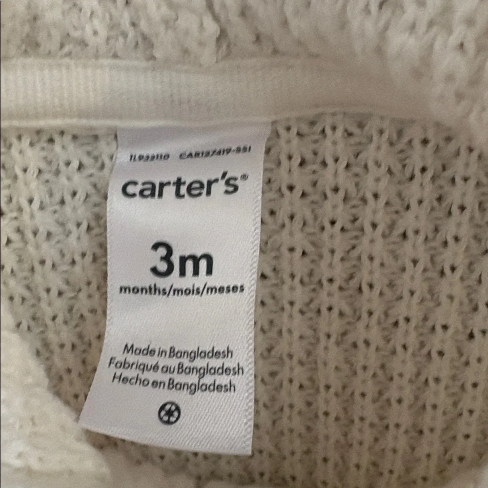 Carter’s Cozy White Knit Baby Hoodie - Knitted with Ears - Size 3 month